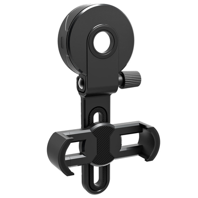 Telefone celular preto que mancha o adaptador do espaço para o monocular dos binóculos do telescópio
